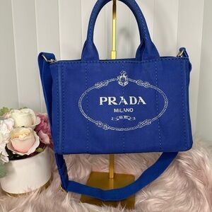 Prada Blue Canvas Tote with White Logo